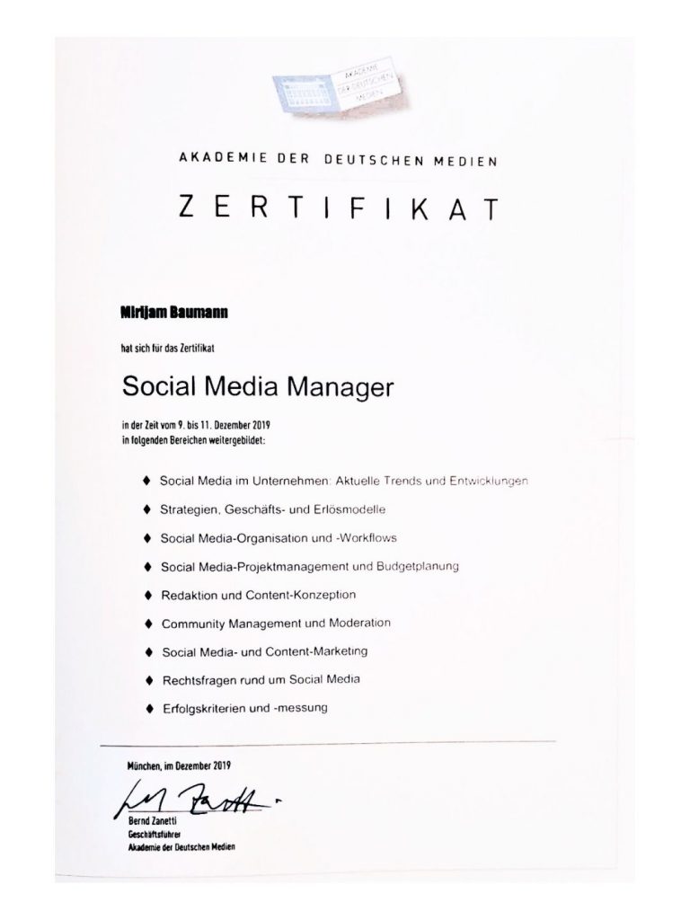 Zertifikat Social Media Manager einer Healthcare PR Beraterin