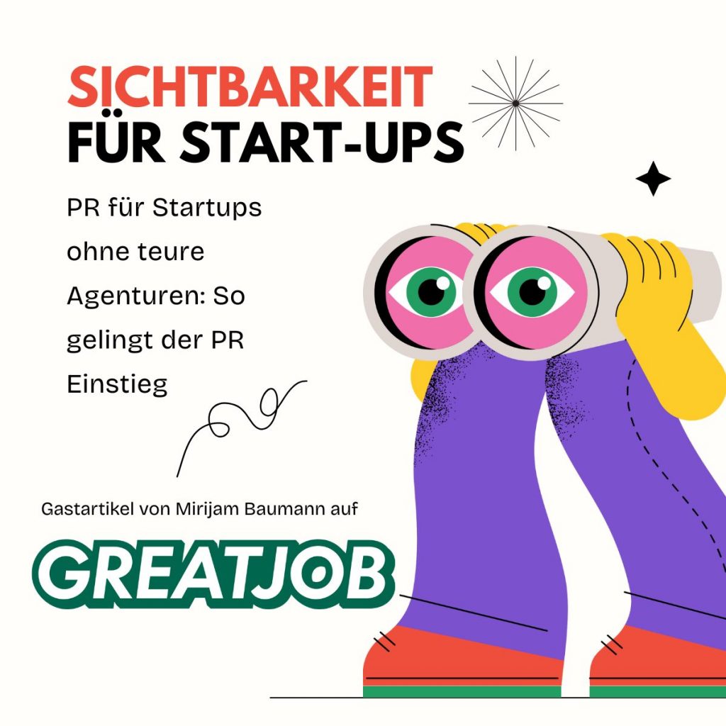 PR für Startups. Illustration zum Gastartikel „PR für Startups“: Figur mit Fernglas symbolisiert Sichtbarkeit und PR-Einstieg für Startups ohne Agentur